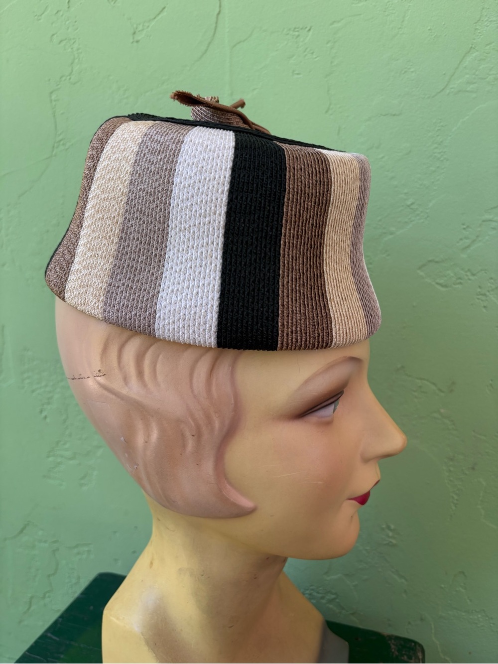 Striped Knit Pillbox Hat in Neutral Tones